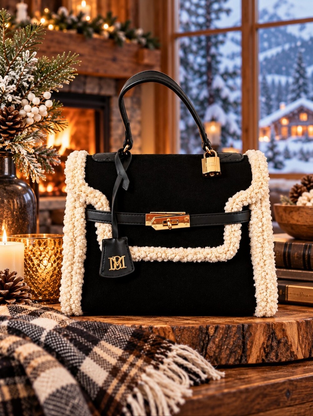 NWT Badgley Mishka Faux Suede/Fur Border Lock Vegan Leather Satchel Bag